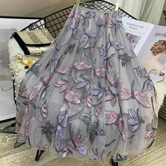 Sequin Mesh Embroidery Dragonfly Long Skirt Women&#39;s Spring And Summer Slim High Waist Pleated Sweet Midi Tulle Skirt Print skirt